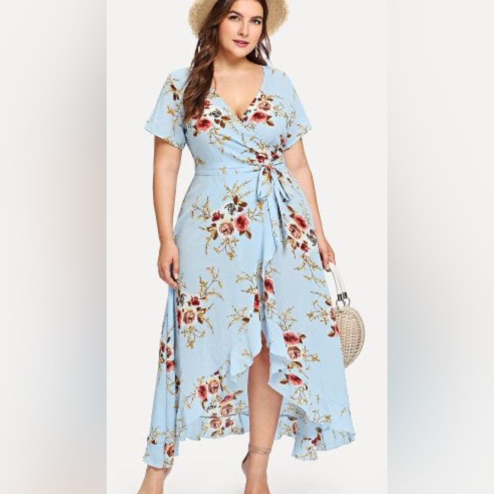 SHEIN Plus 2X Gray Pink Floral‎ Asymmetrical Wrap Dress Cottagecore - Picture 12 of 14